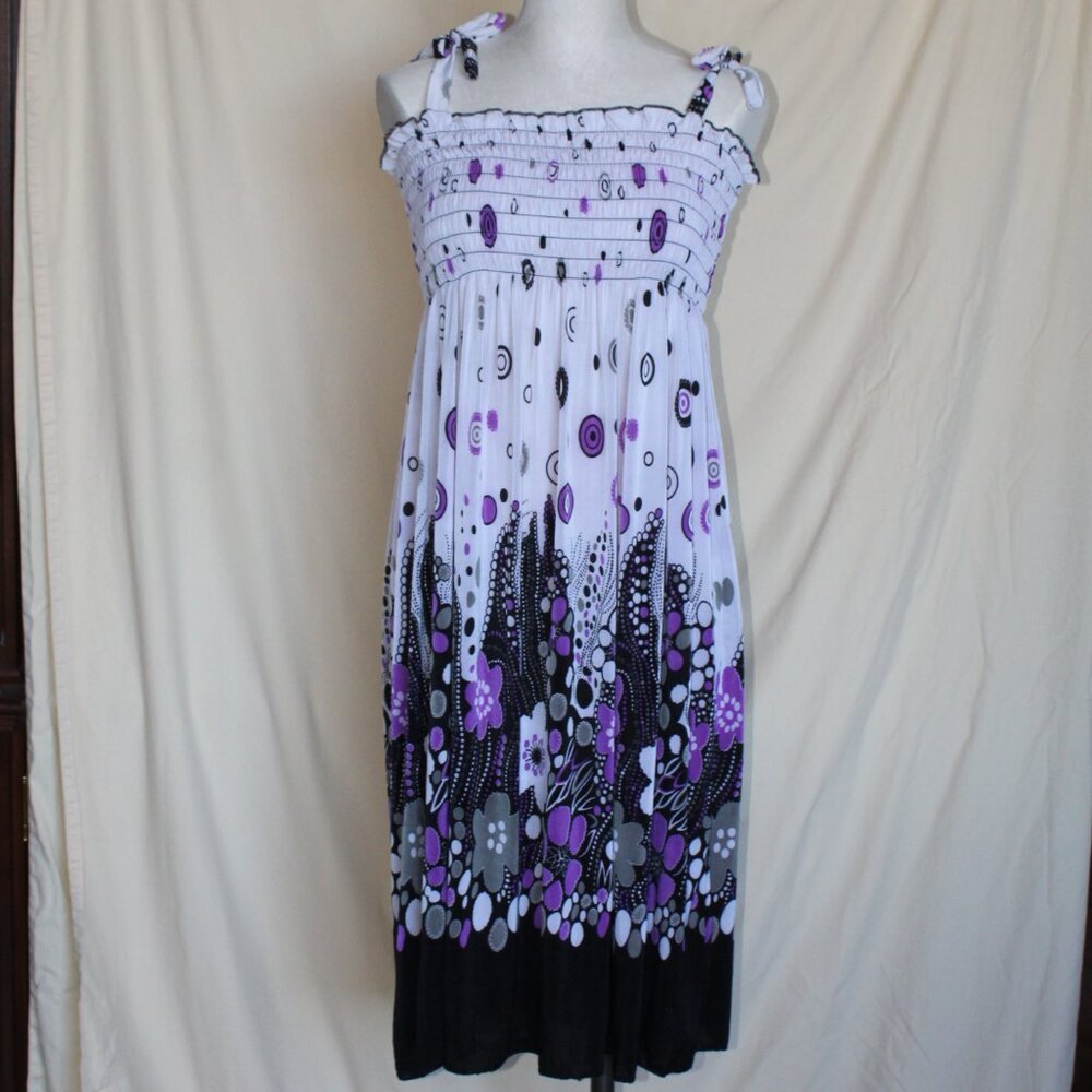 FC White & Purple Circle/Floral Print Midi Sun Dress